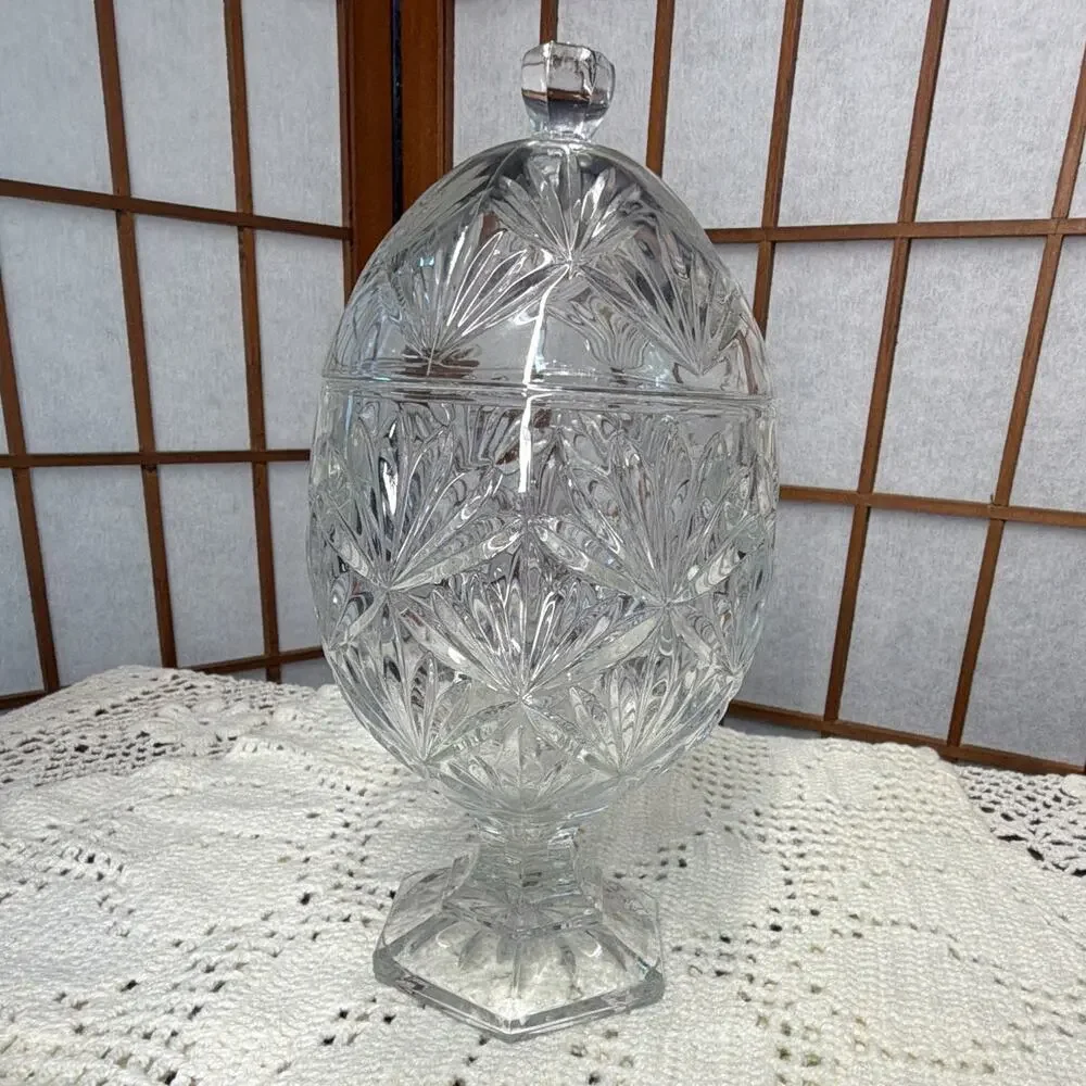Vintage Cristal d'Arques-Durand style egg-shaped crystal candy dish with lid